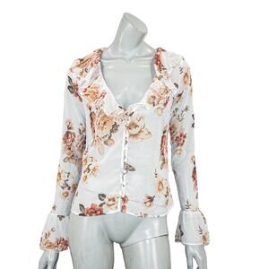 MAJORELLE Fleur Ruffle Vneck Blouse semi sheer white multi Women's sz XS